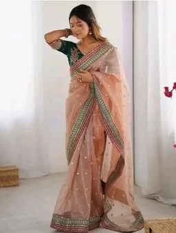 Women's Embellished Soft Net Saree with Heavy Embroidered Border & Contrast Designer Blouse Piece