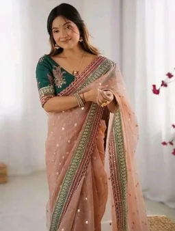 Women's Embellished Soft Net Saree with Heavy Embroidered Border & Contrast Designer Blouse Piece