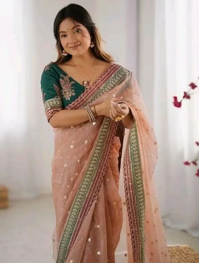 Women's Embellished Soft Net Saree with Heavy Embroidered Border & Contrast Designer Blouse Piece