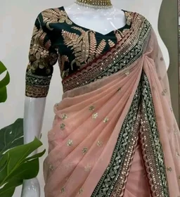 Women's Embellished Soft Net Saree with Heavy Embroidered Border & Contrast Designer Blouse Piece