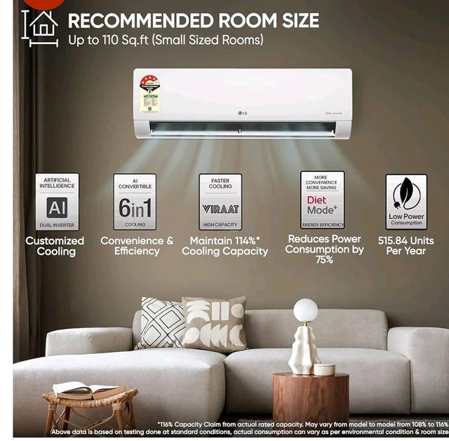 LG 1 Ton 4 Star, DUAL Inverter Split AC (100% Copper Condenser, AI Convertible 6-in-1, VIRAAT Mode, Faster Cooling & Energy Saving, 4 Way Swing, HD Filter with AntiVirus Protection,AS-Q13JNYE,White)