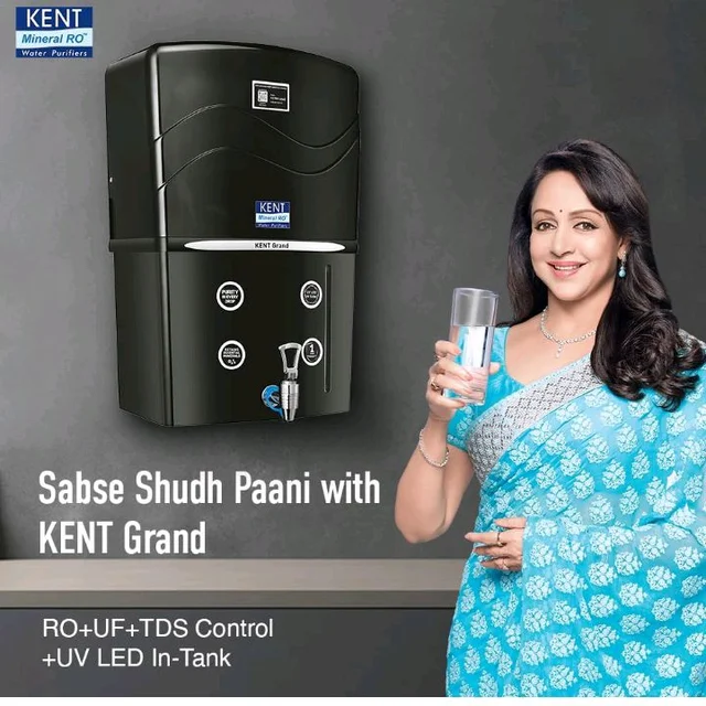 KENT Grand RO Water Purifier | Advanced RO Tech for Sabse Shudh Paani | RO+UF+TDS Control + UV LED Tank | 8L | 20LPH Flow | Ideal for Borewell/Tanker/Municipal Water | Largest Service Network | Black