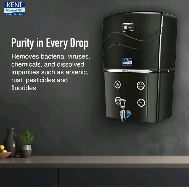 KENT Grand RO Water Purifier | Advanced RO Tech for Sabse Shudh Paani | RO+UF+TDS Control + UV LED Tank | 8L | 20LPH Flow | Ideal for Borewell/Tanker/Municipal Water | Largest Service Network | Black