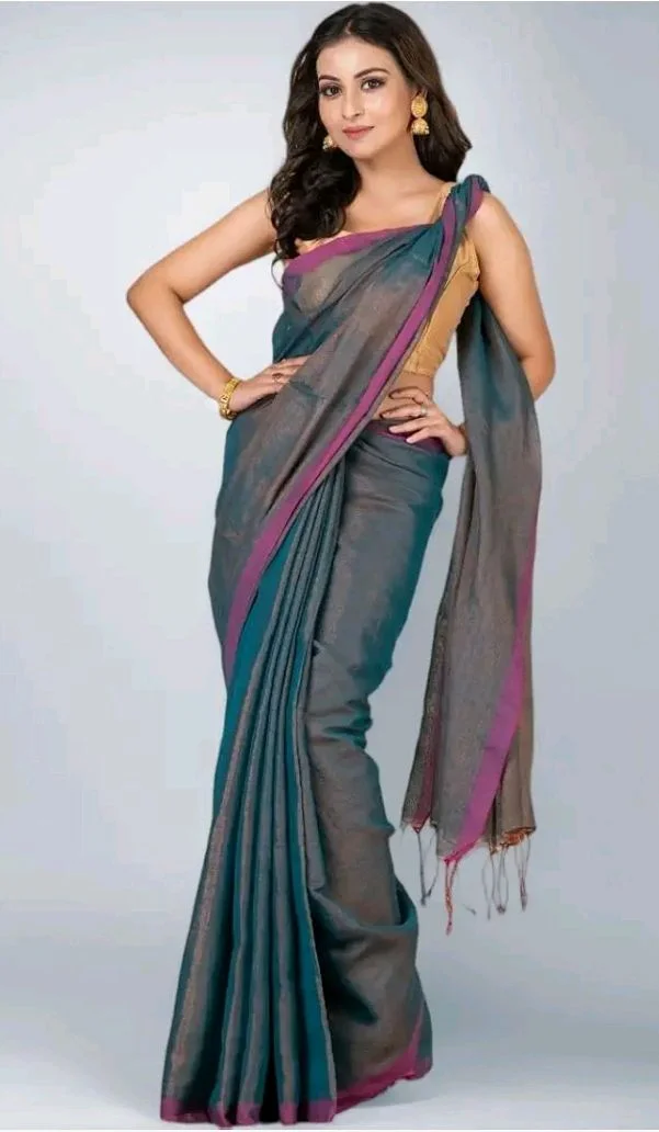 Women’s Tissue Cotton Saree | Plain Lightweight Tassel Pallu Saree with Blouse