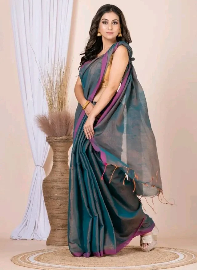 Women’s Tissue Cotton Saree | Plain Lightweight Tassel Pallu Saree with Blouse
