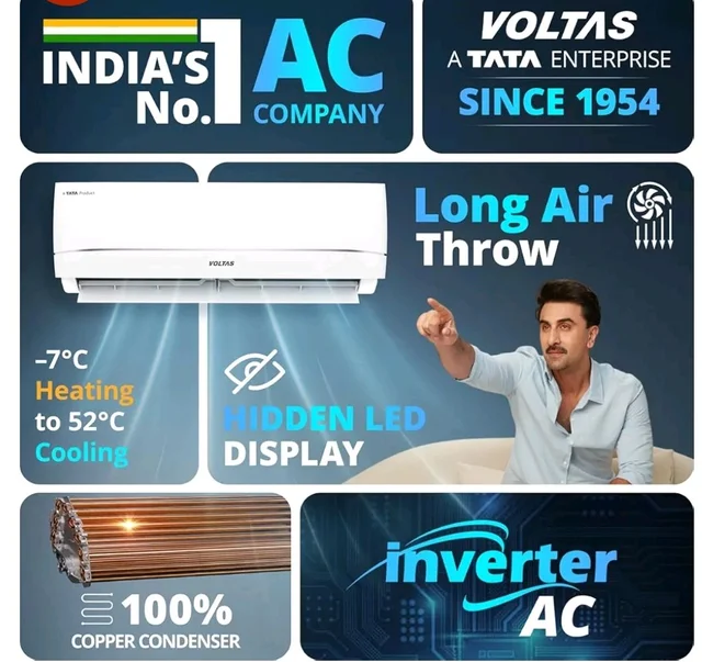 Voltas 1.42 ton 3 star, New star rated, Inverter Split AC (Copper, Convertible 5-in-1 Cooling Mode, 2-Way Air Swing, Anti-dust Filter with Anti Microbial Coating, 183INV CAV, 2026 Model, White)