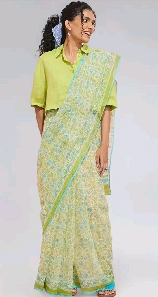Taneira Women Light Green Rajasthan Printed Sanganeri Pure Cotton Kota Saree with Unsttitched Blouse Piece (SACP01AB3501-Light Green)