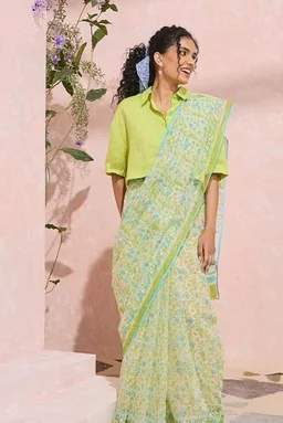 Taneira Women Light Green Rajasthan Printed Sanganeri Pure Cotton Kota Saree with Unsttitched Blouse Piece (SACP01AB3501-Light Green)