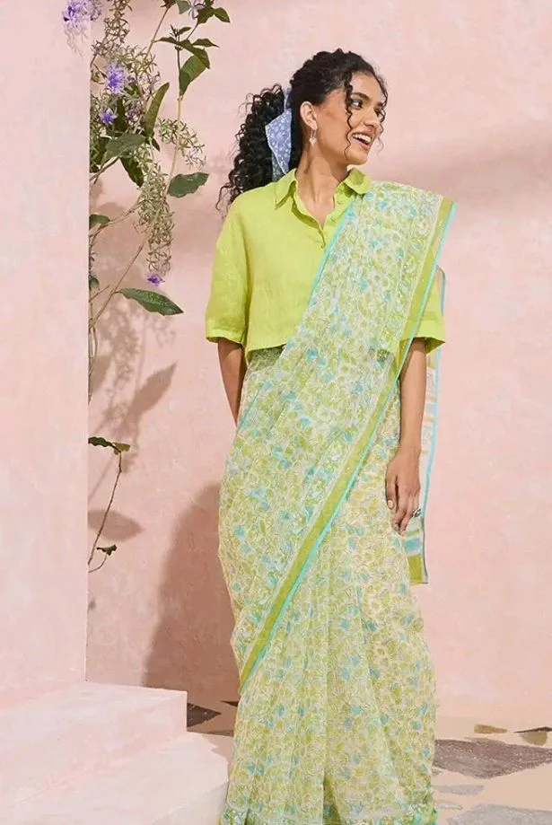 Taneira Women Light Green Rajasthan Printed Sanganeri Pure Cotton Kota Saree with Unsttitched Blouse Piece (SACP01AB3501-Light Green)