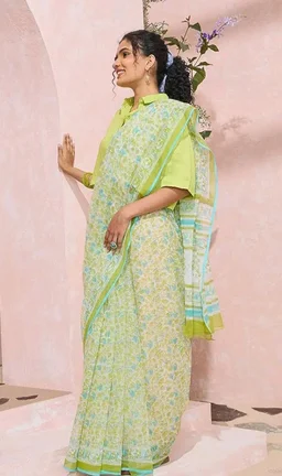 Taneira Women Light Green Rajasthan Printed Sanganeri Pure Cotton Kota Saree with Unsttitched Blouse Piece (SACP01AB3501-Light Green)