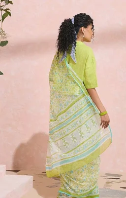 Taneira Women Light Green Rajasthan Printed Sanganeri Pure Cotton Kota Saree with Unsttitched Blouse Piece (SACP01AB3501-Light Green)