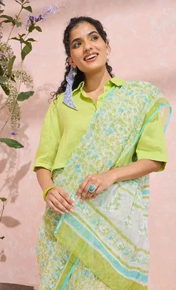 Taneira Women Light Green Rajasthan Printed Sanganeri Pure Cotton Kota Saree with Unsttitched Blouse Piece (SACP01AB3501-Light Green)