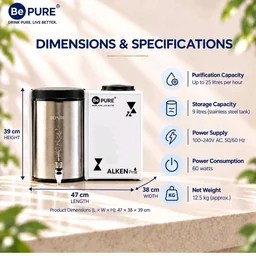 Bepure Alken Pro ISI Mark NF60 Stainless Steel Tank 9L NF+UV Water Purifier| Nano Filtration Technology| Steel Tank Water Purifier| Ideal for TDS upto 500 ppm