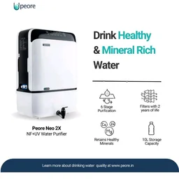 Neo 2X-60 NF + UV Water Purifier with Intelli-Alert System | Retains Healthy Minerals and Saves Water | NanoFiltration Better than RO | 10L Storage White (For TDS 300 to 600)