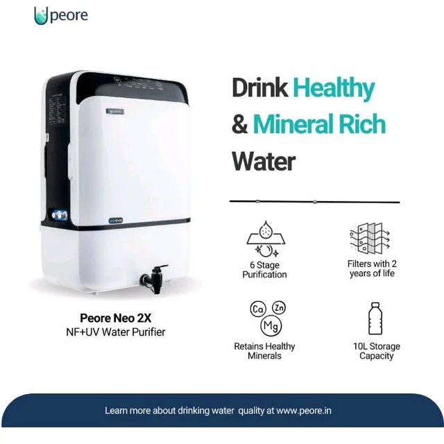 Neo 2X-60 NF + UV Water Purifier with Intelli-Alert System | Retains Healthy Minerals and Saves Water | NanoFiltration Better than RO | 10L Storage White (For TDS 300 to 600)