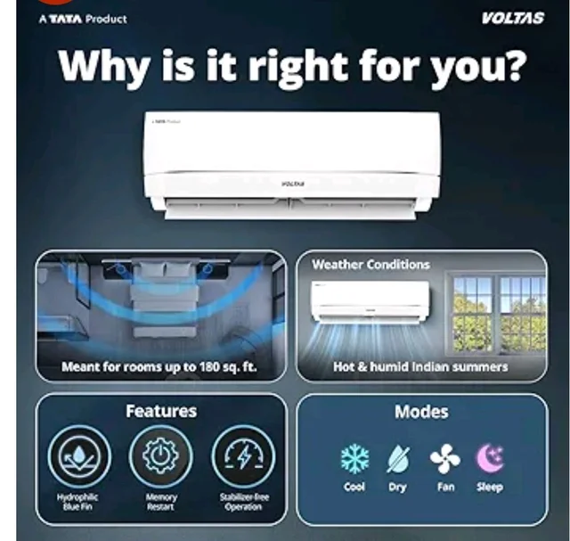 Voltas 1.42 ton 3 star, New star rated, Inverter Split AC (Copper, Convertible 5-in-1 Cooling Mode, 2-Way Air Swing, Anti-dust Filter with Anti Microbial Coating, 183INV CAV, 2026 Model, White)