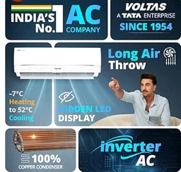 Voltas 1.42 ton 3 star, New star rated, Inverter Split AC (Copper, Convertible 5-in-1 Cooling Mode, 2-Way Air Swing, Anti-dust Filter with Anti Microbial Coating, 183INV CAV, 2026 Model, White)