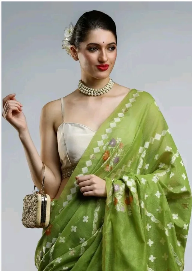 Sarha Abstract Design Woven Cotton Banarasi Saree Green