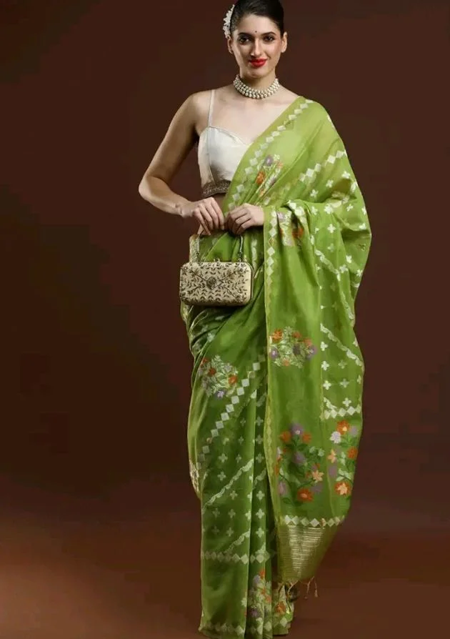 Sarha Abstract Design Woven Cotton Banarasi Saree Green