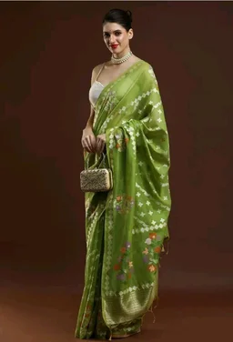 Sarha Abstract Design Woven Cotton Banarasi Saree Green