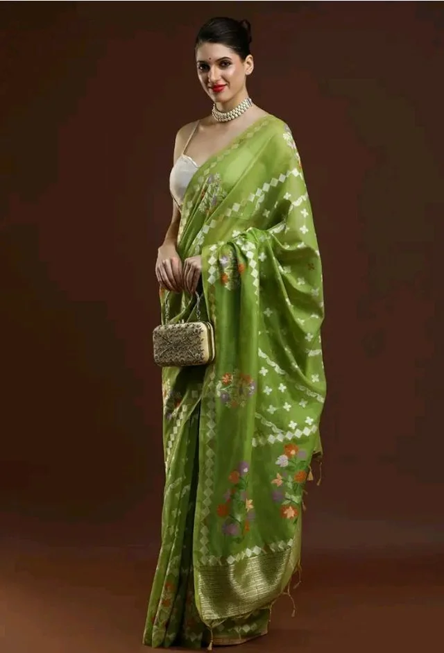 Sarha Abstract Design Woven Cotton Banarasi Saree Green