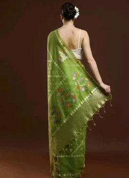 Sarha Abstract Design Woven Cotton Banarasi Saree Green