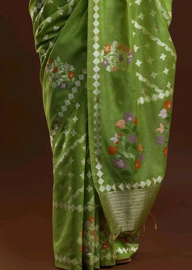 Sarha Abstract Design Woven Cotton Banarasi Saree Green