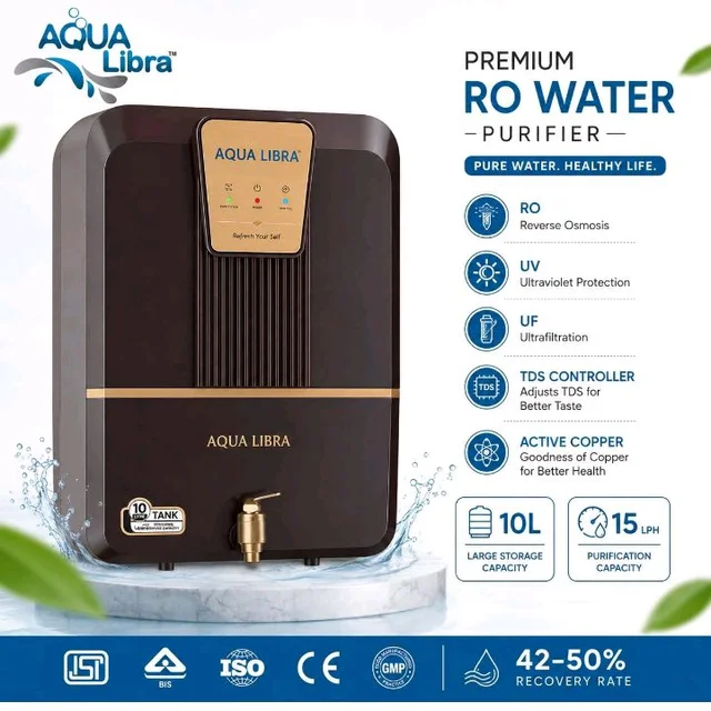 AQUA LIBRA Premium Series RO Water Purifier | RO + UV + Active Copper + TDS Controller + UF | 10 Litre Storage | 15 LPH | Food Grade Material | Pan India Service