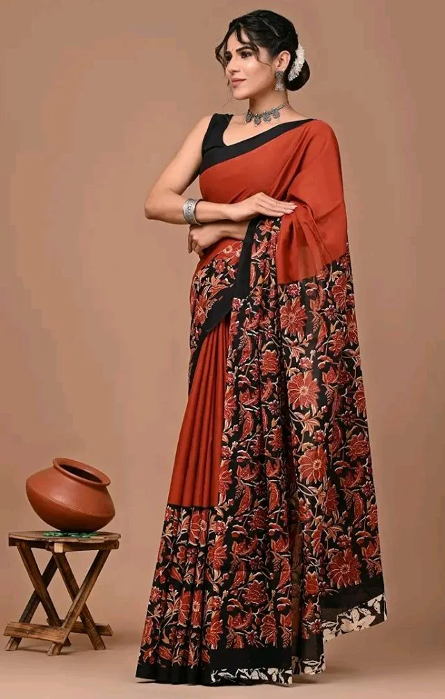 Crafts Moda Pure Cotton Floral Print Saree with Blouse for Women