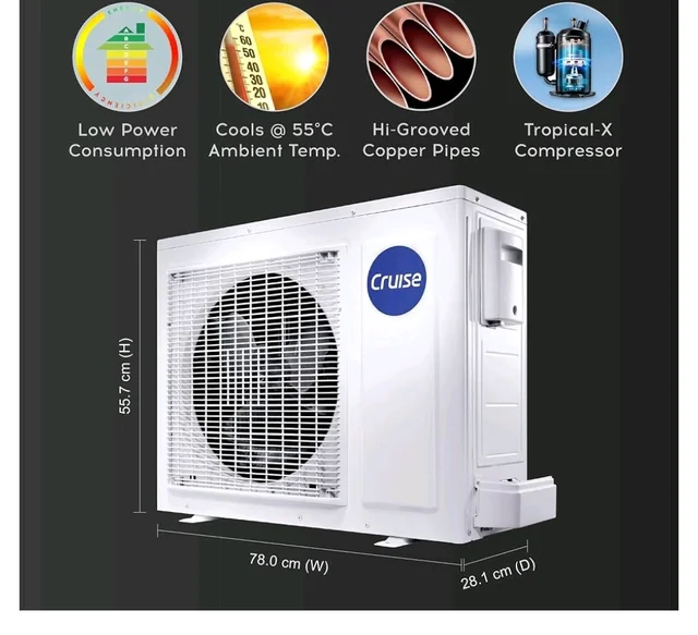 Cruise 1.6 Ton 3 Star Inverter Split AC (CWCVBM-VP3F193BL, Piano Black)
Heavy Duty Cooling at 55°C, 2026 Model, Long Airflow, 100% Copper, Convertible 5-in-1, 4-Way Swing, PM 2.5 Filter