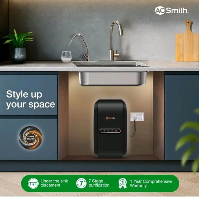 AO Smith Z2+ Luxe (Midnight Black) RO Under sink Water Purifier | UTC | 7-Stage Purification | 2x Water Savings | Goodness of Copper