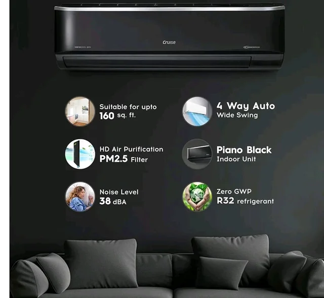 Cruise 1.6 Ton 3 Star Inverter Split AC (CWCVBM-VP3F193BL, Piano Black)
Heavy Duty Cooling at 55°C, 2026 Model, Long Airflow, 100% Copper, Convertible 5-in-1, 4-Way Swing, PM 2.5 Filter