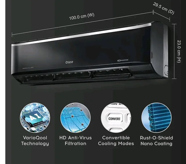 Cruise 1.6 Ton 3 Star Inverter Split AC (CWCVBM-VP3F193BL, Piano Black)
Heavy Duty Cooling at 55°C, 2026 Model, Long Airflow, 100% Copper, Convertible 5-in-1, 4-Way Swing, PM 2.5 Filter