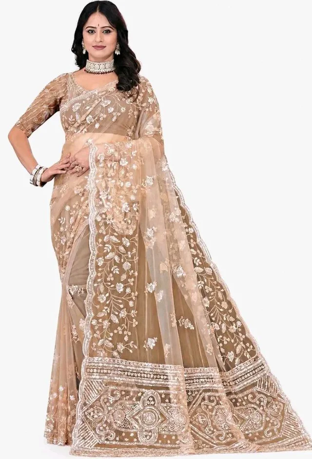 SAROVAR BANDHANI'S Women's Heavy Embroidered Sequins Work Net Saree With Stitched Blouse