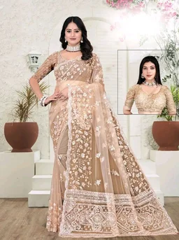 SAROVAR BANDHANI'S Women's Heavy Embroidered Sequins Work Net Saree With Stitched Blouse