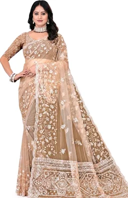 SAROVAR BANDHANI'S Women's Heavy Embroidered Sequins Work Net Saree With Stitched Blouse