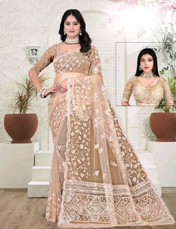 SAROVAR BANDHANI'S Women's Heavy Embroidered Sequins Work Net Saree With Stitched Blouse