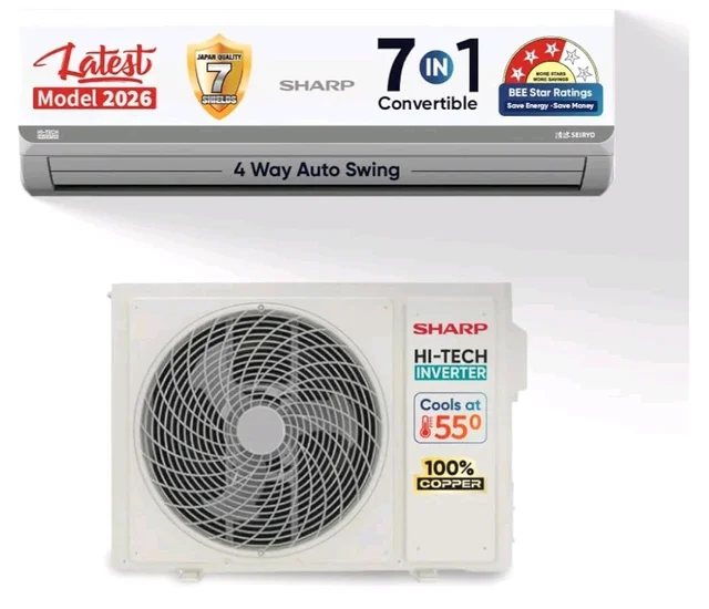 Sharp 0.95 Ton 3 star, New Star Rated,Split AC (4 Way Swing, 100% copper, Hi-Tech Inverter Compressor, 7in1 Convertible, Turbo cool, Dust filter) - AH-SI12V3B-GCN, White