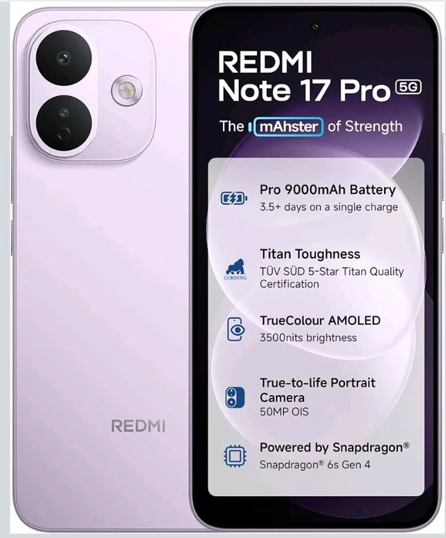 REDMI Note 17 Pro 5G (Purple Vibe, 8GB RAM, 128GB ROM) | 9000mAh Battery + 67W TurboCharge* | 6.83" 12-bit TrueColour AMOLED | No.1 Care Plan | Snapdragon 6s Gen 4 | 50MP OIS Camera | Victus 2 | IP69K - Purple Vibe