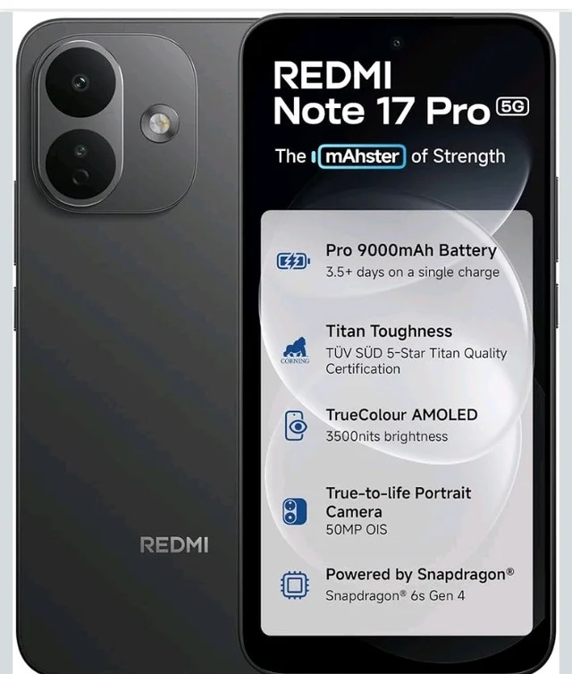 Redmi Note 17 Pro 5G (Stealth Black, 8GB RAM, 256GB ROM) | 9000mAh Battery + 67W TurboCharge* | 6.83" 12-bit TrueColour AMOLED | No.1 Care Plan | SD 6s Gen 4 | 50MP OIS Camera | Victus 2 | IP69K - Stealth black