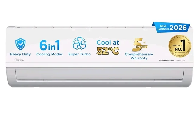 Midea 1.5 Ton 5 Star Inverter Split AC, 6-in-1, MAI18SR5R36F0
Copper Condenser, 52°C Heavy Duty Cooling, Turbo Mode, HD+PM 2.5 Filter, Auto Clean, Santis MAX RYL, White