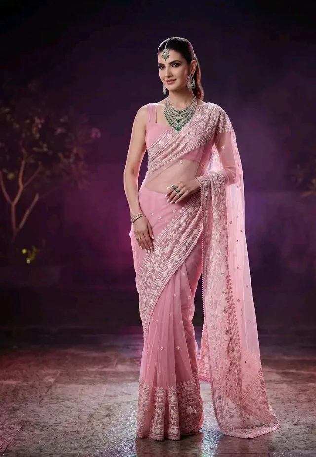 NIRLABH"Women’s Pink Soft Net Saree with Heavy Embroidered Lace Border & Sequins Work | Designer Ethnic Saree with Blouse Piece