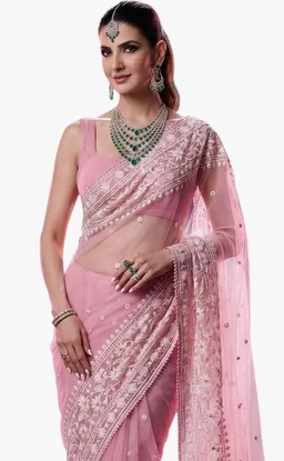 NIRLABH"Women’s Pink Soft Net Saree with Heavy Embroidered Lace Border & Sequins Work | Designer Ethnic Saree with Blouse Piece
