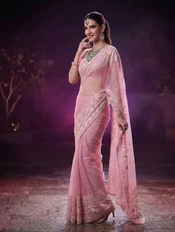 NIRLABH"Women’s Pink Soft Net Saree with Heavy Embroidered Lace Border & Sequins Work | Designer Ethnic Saree with Blouse Piece