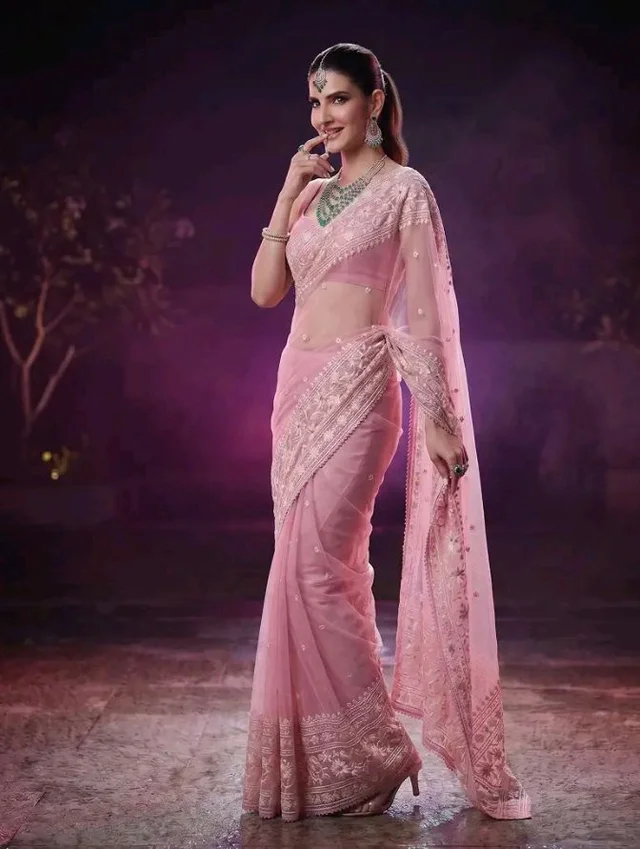 NIRLABH"Women’s Pink Soft Net Saree with Heavy Embroidered Lace Border & Sequins Work | Designer Ethnic Saree with Blouse Piece