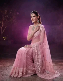 NIRLABH"Women’s Pink Soft Net Saree with Heavy Embroidered Lace Border & Sequins Work | Designer Ethnic Saree with Blouse Piece