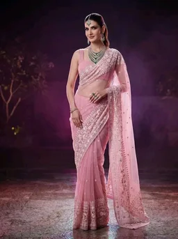 NIRLABH"Women’s Pink Soft Net Saree with Heavy Embroidered Lace Border & Sequins Work | Designer Ethnic Saree with Blouse Piece