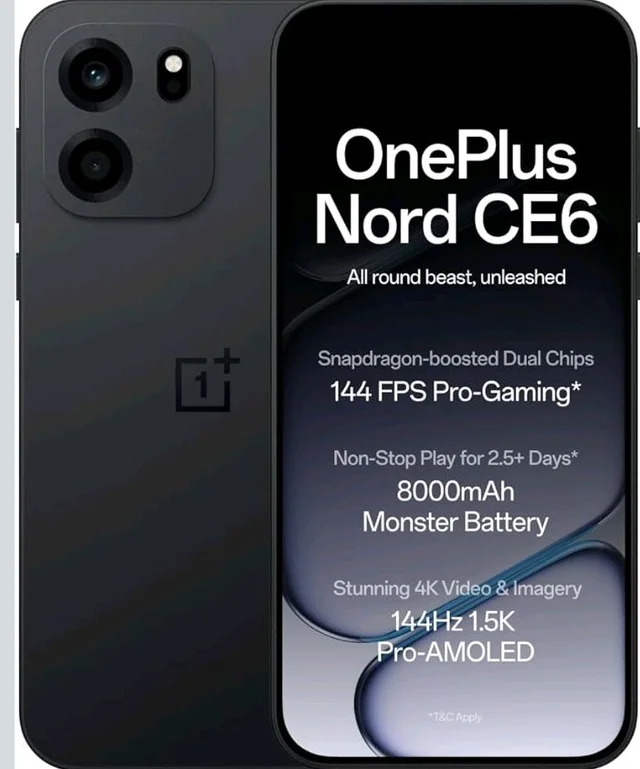 OnePlus Nord CE6 | 8GB+256GB | Pitch Black | Snapdragon 7s Gen 4 | Segment's Fastest Touch Response | 8000mAh Battery | 144Hz 1.5K AMOLED Display | 50MP Main + 32MP Selfie 4K Cameras | IP66,68,69,69K - pitch Black