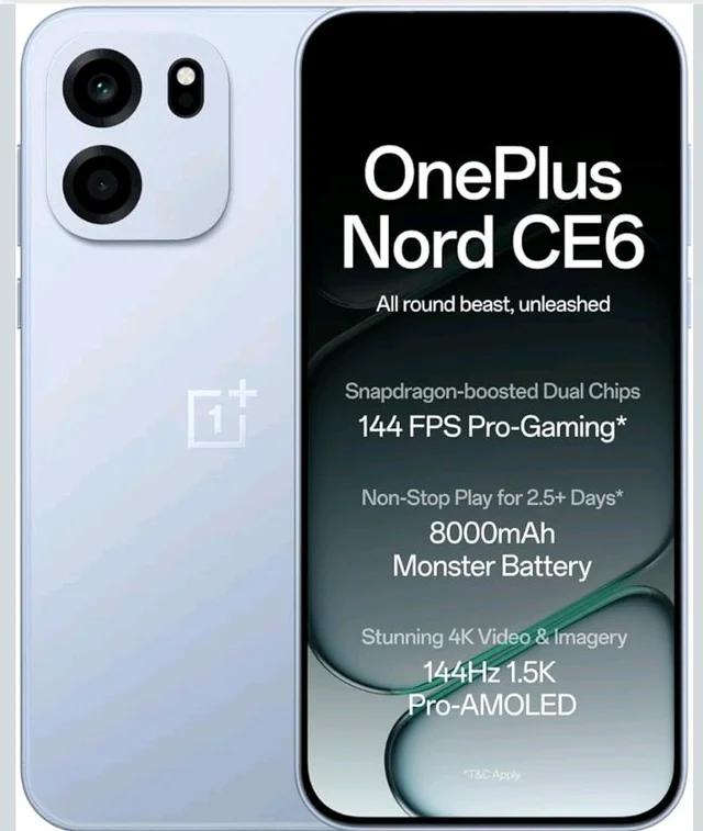 OnePlus Nord CE6 | 8GB+256GB | Fresh Blue | Snapdragon 7s Gen 4 | Segment's Fastest Touch Response | 8000mAh Battery | 144Hz 1.5K AMOLED Display | 50MP Main + 32MP Selfie 4K Cameras | IP66,68,69,69K - Fresh Blue
