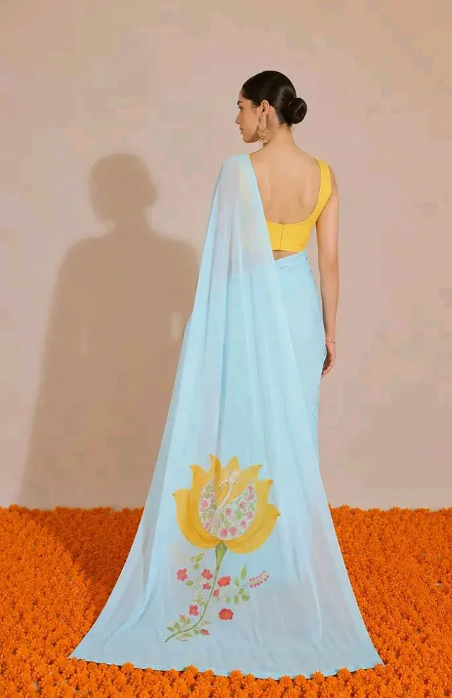 Women's Sky Blue Soft Organza Saree with Floral Pallu Print | Haldi Special Pastel Saree | Lightweight Designer Saree with Unstitched Blouse Piece |